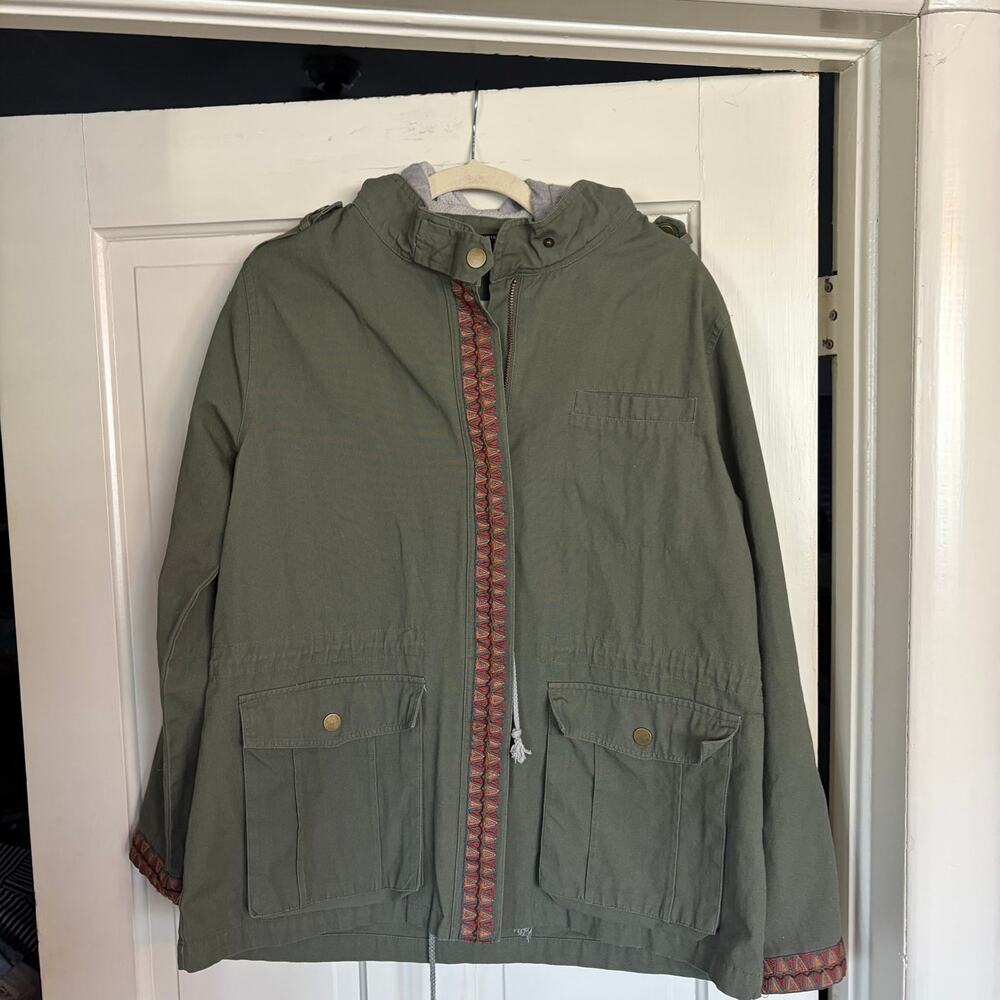 Miss Me Olive Green Hooded Utility Jacket with Embroidered Trim